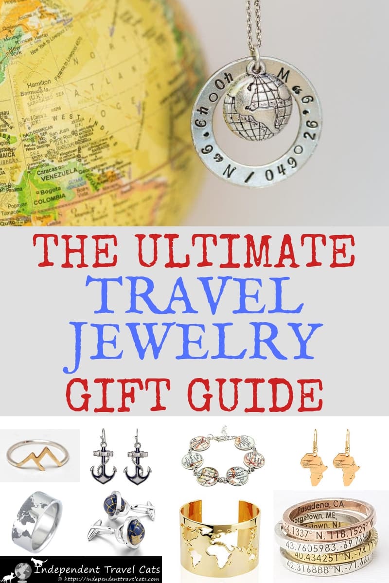 The ultimate guide to jewelry for travelers! This travel jewelry guide includes over 70 pieces of travel themed jewelry, including necklaces, earrings, rings, brooches, bracelets, cufflinks, wristwatches, and more. Find the perfect jewellery for yourself or find a gift for the traveller in your life. #traveljewelery #traveljewellery #jewelry #jewellery #travelgifts #giftsfortravelers #giftsfortravellers #travel #worldmapring