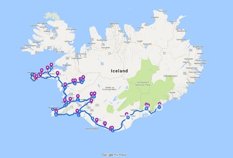 1 week Iceland 7 day itinerary for winter route map driving 