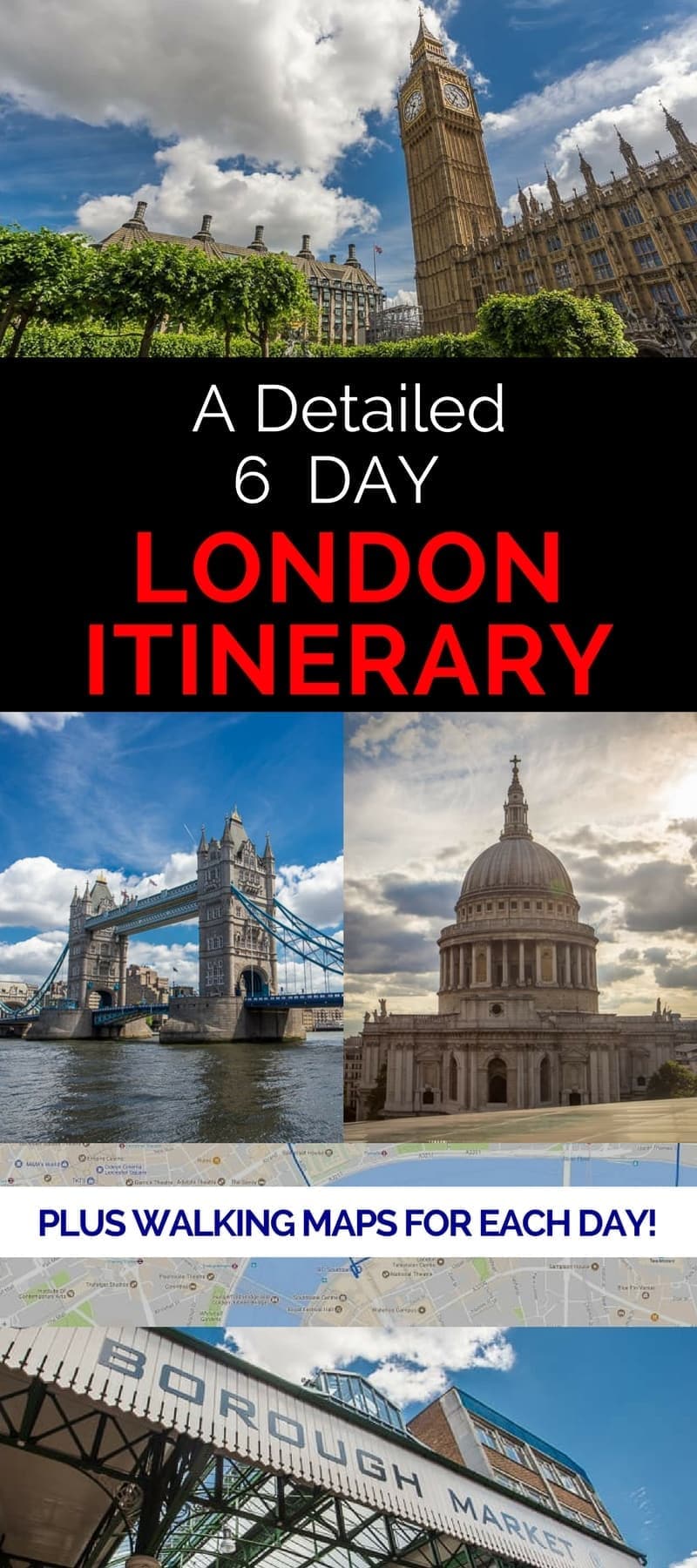 A detailed 6 day London itinerary that provides a detailed suggested itinerary for each day, daily walking maps, tips on how to save money, and loads of suggestions on how to make the most of your six days in London England.