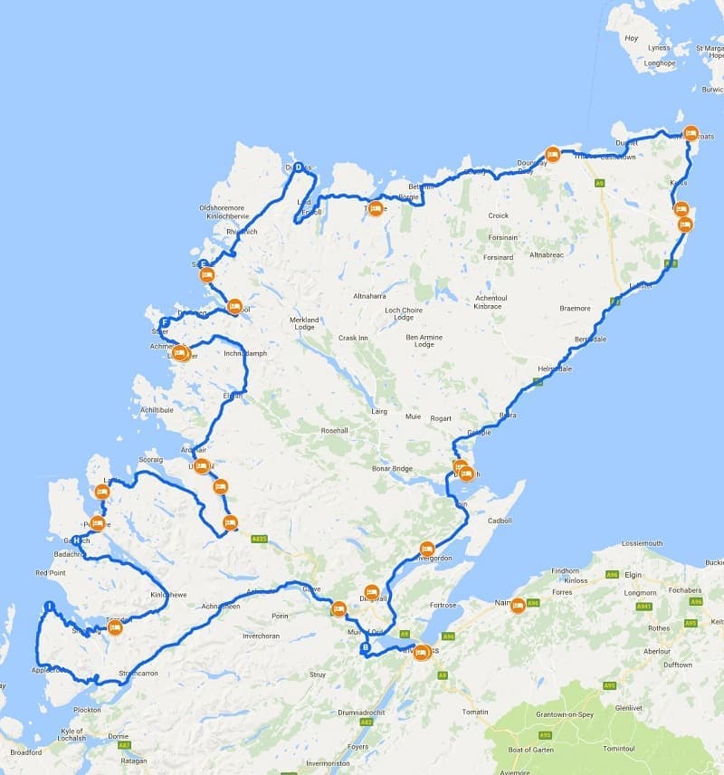 North Coast 500 hotels along NC500 route map 