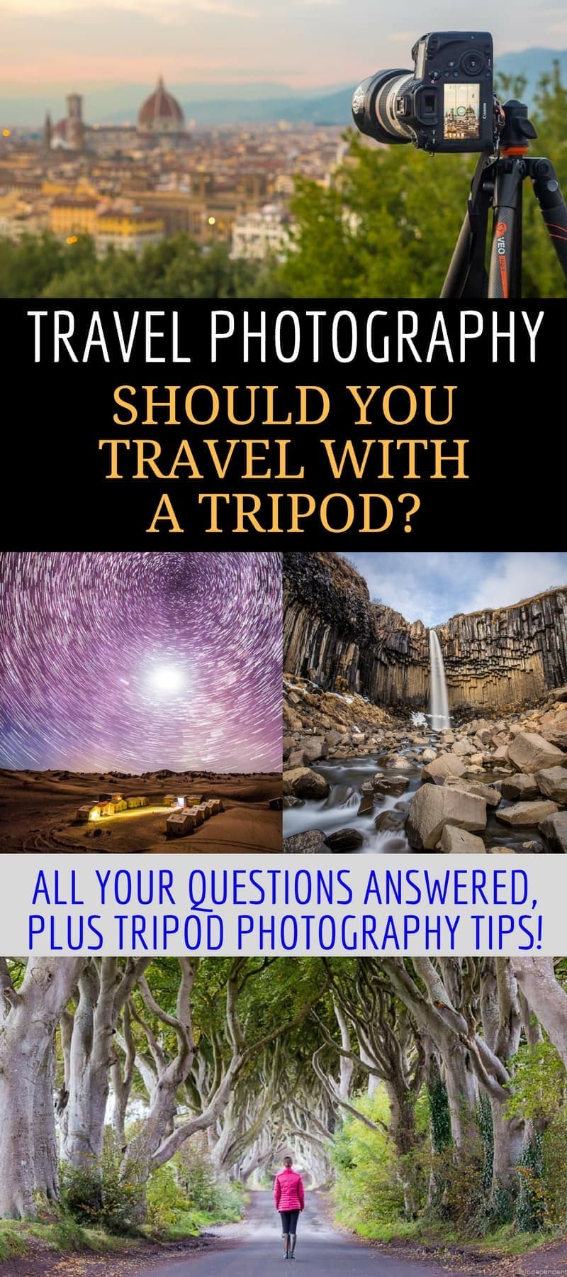 An Essential Guide to Travel Tripods. A travel tripod can help you take better vacation photos without a lot of effort. This travel photography article covers what a tripod does, how it can improve your photography, & what situations are best suited for a tripod. We also provide a list of recommended travel tripods to suit any budget & provide practical tips on traveling with a tripod.