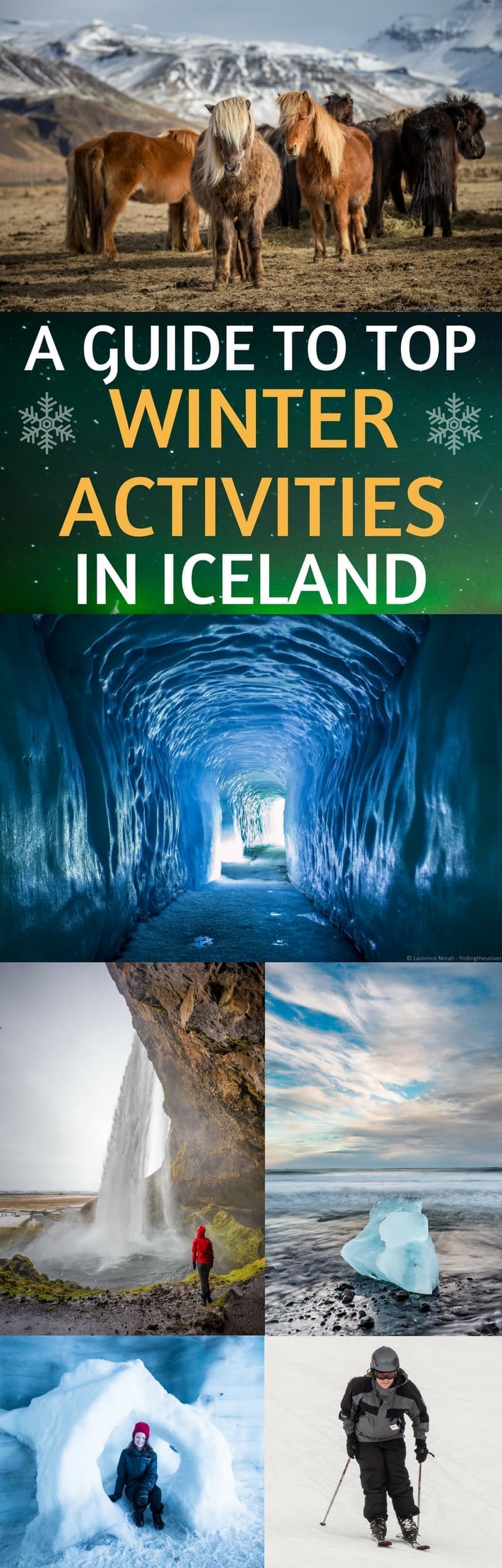 A guide to 18 top winter activities in Iceland! Traveling to Iceland in winter can be a fantastic experience as there are fewer crowds and beautiful winter landscapes. You also have the chance to see the Northern Lights, go skiing, dogsledding, ice skating, snowmobiling, exploring ice caves, and so much more! #IcelandinWinter #Icelandtravel #Iceland #wintertravel 