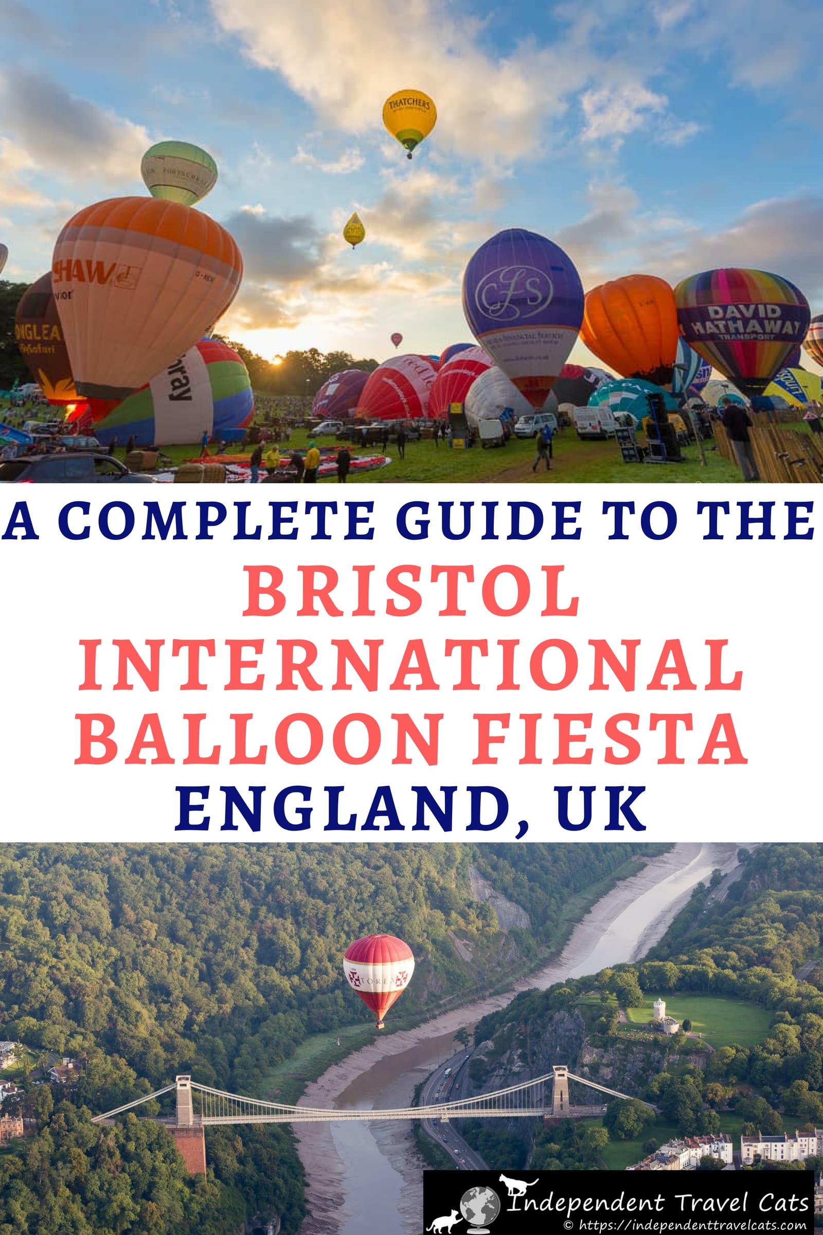 A guide to attending the Bristol International Balloon Fiesta, the largest annual hot air balloon event in Europe. The Bristol Balloon Fiesta events include the mass ascension of over 100 hot air balloons, nightglows, balloon competitions, fireworks, and family attractions. We share all the information you need to plan your trip, book your stay, park, and enjoy the festival. #BristolBalloonFiesta #hotairballoon #balloonfiesta #ballooning #Bristol #England #travel #festival #UKfestival