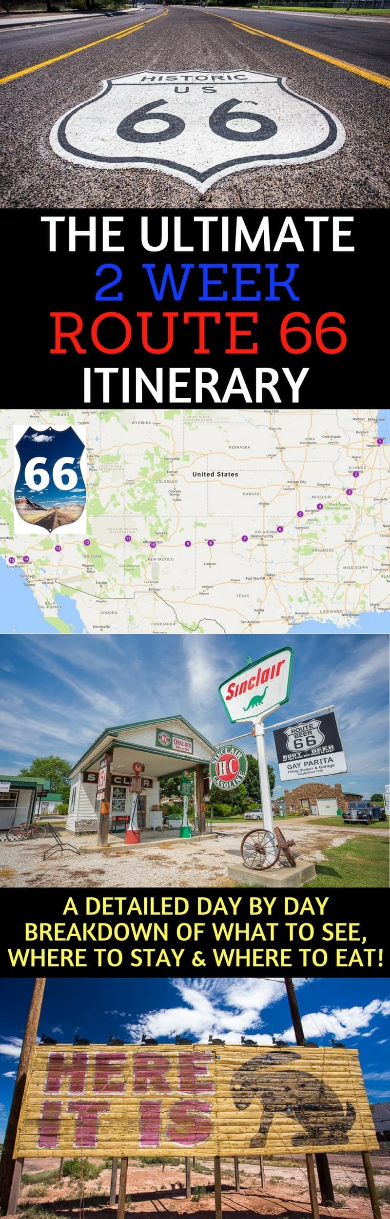 Route 66 is the ultimate American road trip & this comprehensive 2 week Route 66 itinerary will help get the most out of your Route 66 road trip. The detailed day-by-day Route 66 itinerary covers all the basic details (e.g., mileage) and sightseeing highlights along the route. We provide suggestions for attractions to visit, where to eat, and where to stay each day. Use this Route 66 itinerary to drive from #Chicago to Los Angeles! #Route66 #Route66itinerary #MotherRoad #roadtrip #USAroadtrip