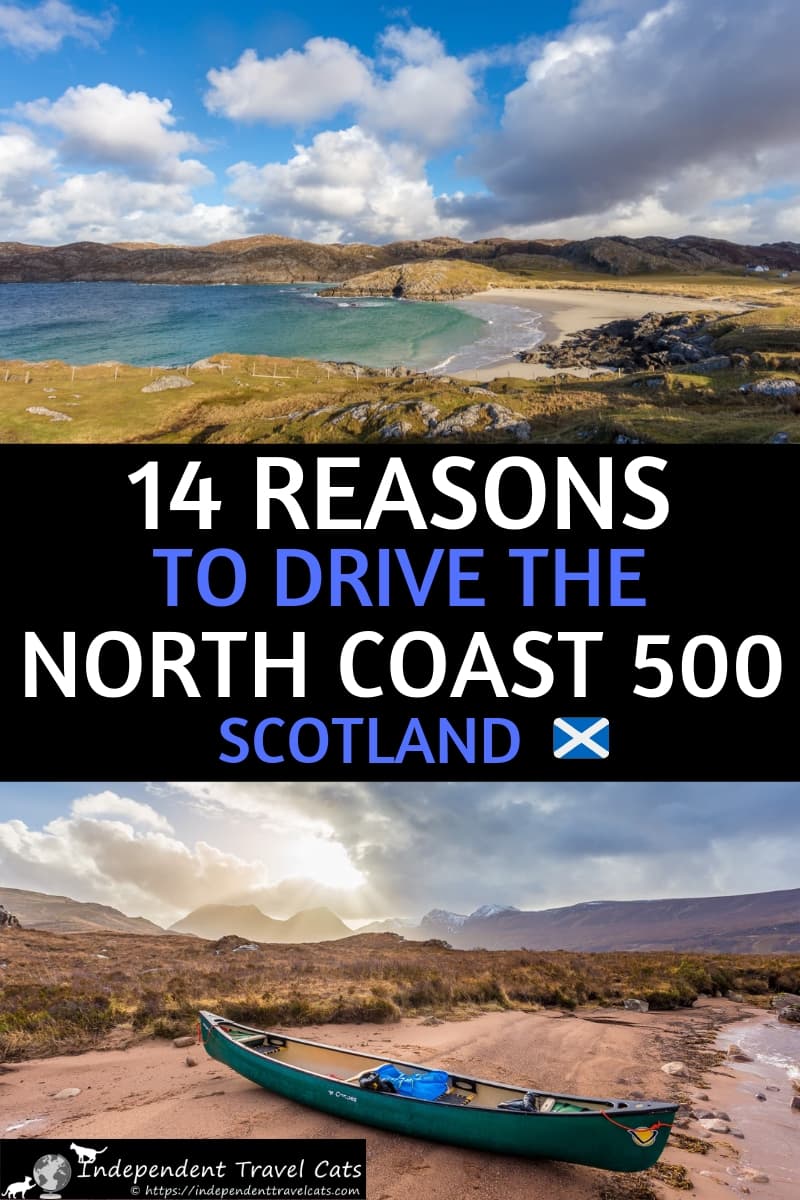 The North Coast 500 is Scotland's best road trip! After driving it several times ourselves, we present 14 of the top reasons to drive this route which include amazing wildlife, hiking, golfing, food, castles, whisky, and local hospitality! We also provide lots of resources & advice for planning your own North Coast 500 road trip! #NorthCoast500 #NC500 #Scotland #roadtrip #ScottishHighlands #Scotlandroadtrip 