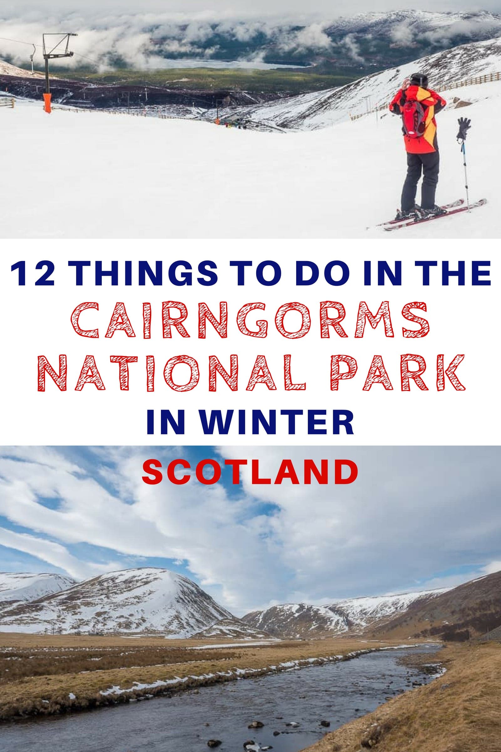 Our guide to traveling in the Cairngorms National Park in Winter in Scotland. We share 12 of the top things you can do in the Cairngorms during the winter months which include skiing, wildlife spotting, whisky tasting, exploring villages, hiking, and family attractions. We also share tips for getting around, winter driving, and finding lodging. #Cairngorms #Scotland #CairngormsNationalPark #ScottishHighlands #travel #wintertravel