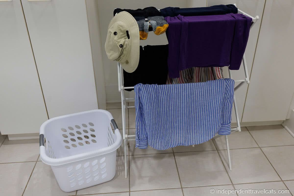 laundry drying on clotheshorse Airbnb travel laundry