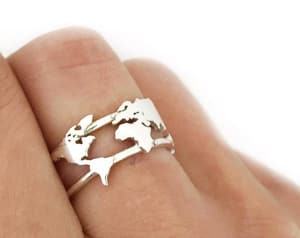 silver world map ring travel jewelry jewelry for travelers travel themed jewelry jewellery for travellers