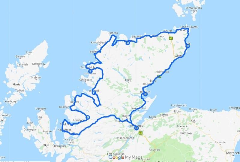 7 Day North Coast 500 Itinerary Map - 1 week NC500 route itinerary