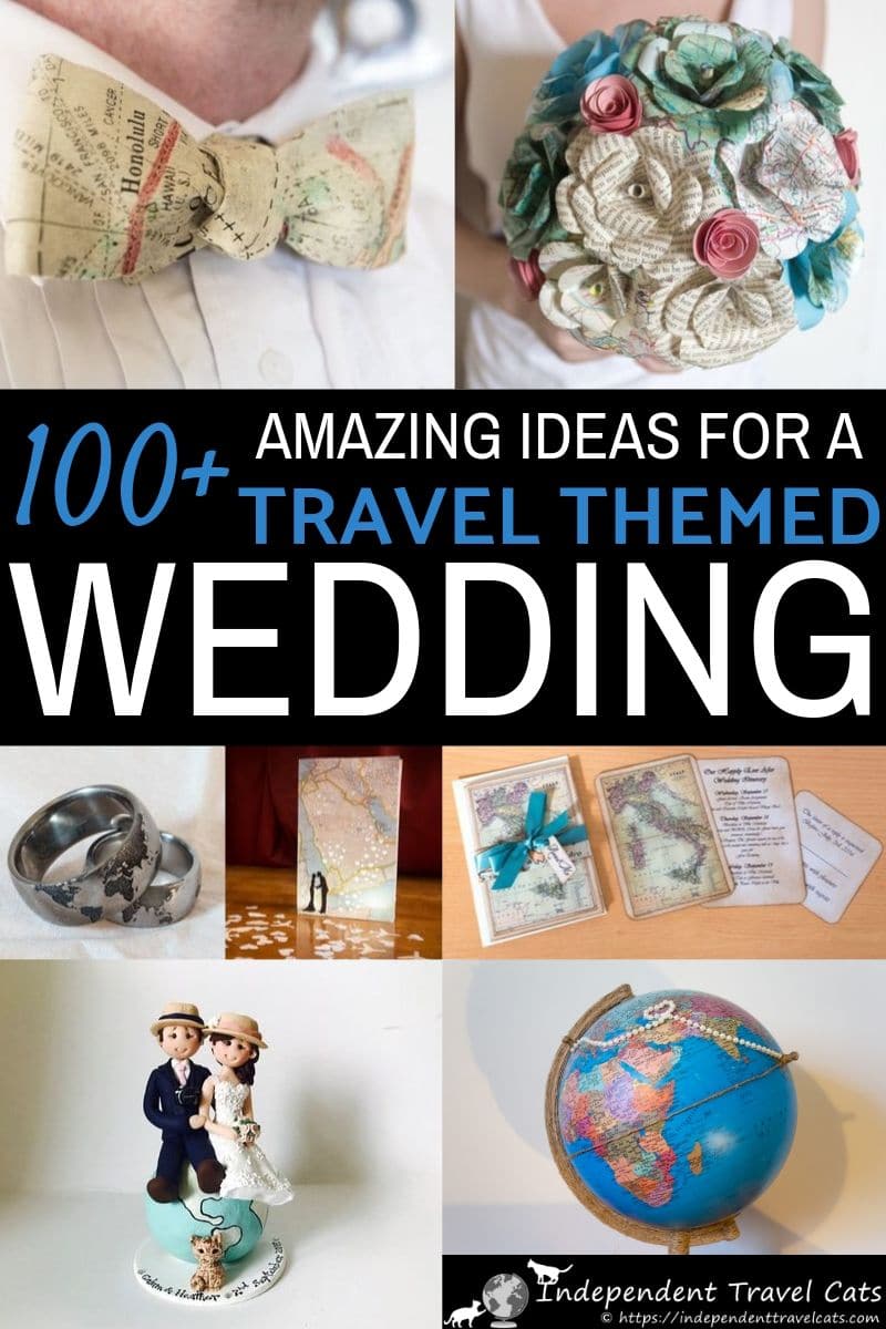 All the inspiration you need to plan your own travel themed wedding. Over 100 ideas for travel themed wedding invitations, wedding rings, wedding decorations, cufflinks, table place cards, cake toppers, DIY ideas, wedding favor gifts, and more! Let your love of travel show on your wedding day! #travelthemedwedding #destinationwedding #wedding #weddingplanning #travelthemedparty #travel #wanderlust #travelthemeddecorations