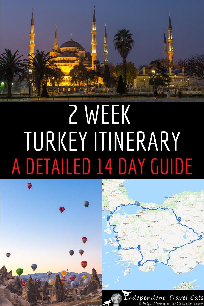 Our 2 week Turkey itinerary will help you plan the perfect trip to Turkey. Our detailed 14 day Turkey itinerary includes Istanbul, Cappadocia, Antalya, Fethiye, Pamukkale, Kusadasi, Ephesus, Troy, Gallipoli and Ankara. Two weeks in Turkey gives you time to explore Turkey's cosmopolitan cities, ancient archaeological sites, beaches, bazaars & scenic landscapes. We also give tips & advice to help you get the most out of your Turkey vacation! #Turkey #TurkeyItinerary #Turkeytravel #2weeksinTurkey