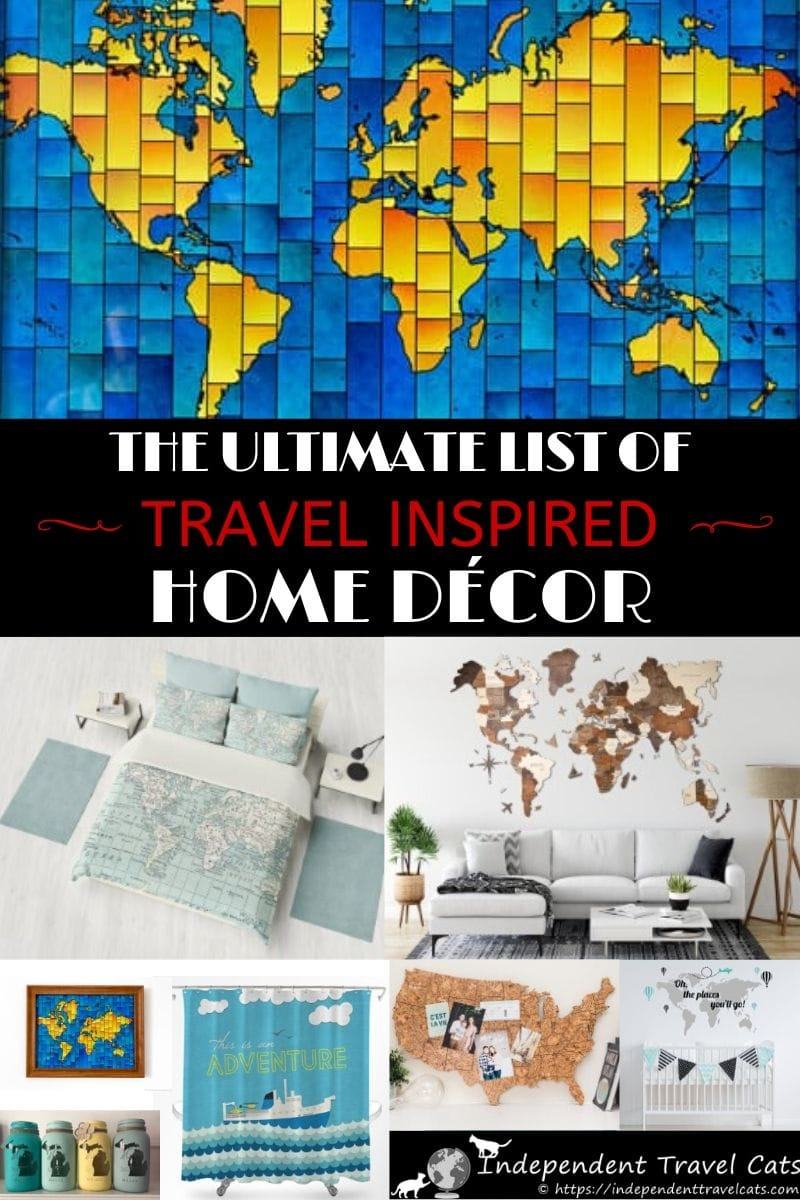 The ultimate list of travel themed home decor items for every room of your house or for a gift for a special traveler. Many of these travel inspired home decoration pieces are handmade and unique. List includes travel inspired home decorating ideas for the living room, kitchen, bathroom, bedroom, nursery, home office, and much more! #homedecor #travelthemed #homedecorations #travel #decorating