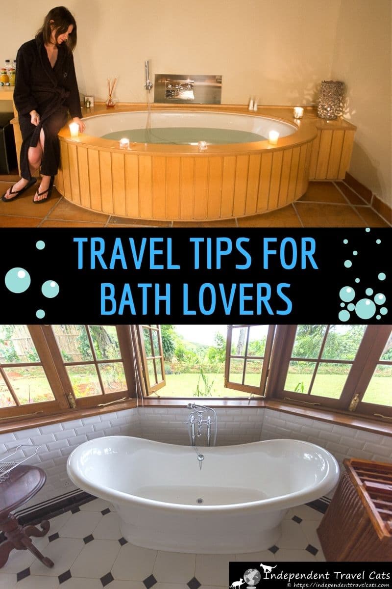 If you prefer taking a bath rather than a shower, then you may enjoy these travel tips for bath lovers! Soaking in a bath can be a fantastic experience after an exhausting day of sightseeing or hiking. We provide several tips for traveling bath lovers. We give tips on how to find accommodation with bathtubs, accommodation booking tips, what to pack for your trip, and how to deal with annoying issues like missing bathtub drain plugs. #traveltips #bathtub #traveling #bath #travel #bathing