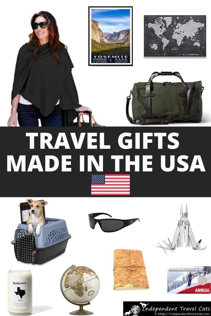 The ultimate guide to travel products made in the USA! A list of travel-related products made in the United States that includes travel clothing, luggage, travel-inspired jewelry, travel accessories, travel pet accessories, scarves, home decor, sunglasses, and more. This guide will help you find the perfect American-made gift for the travel lover in your life. #giftsfortravelers #madeinUSA #madeinamerica #giftguide #americanmade #travelgifts #giftsfortravelers #giftsfortravellers #travel 