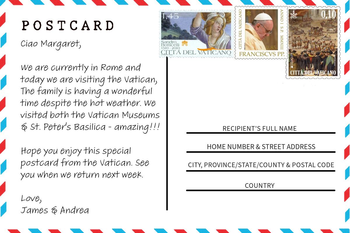 Vatican postcard example how to send mail from the Vatican Cit